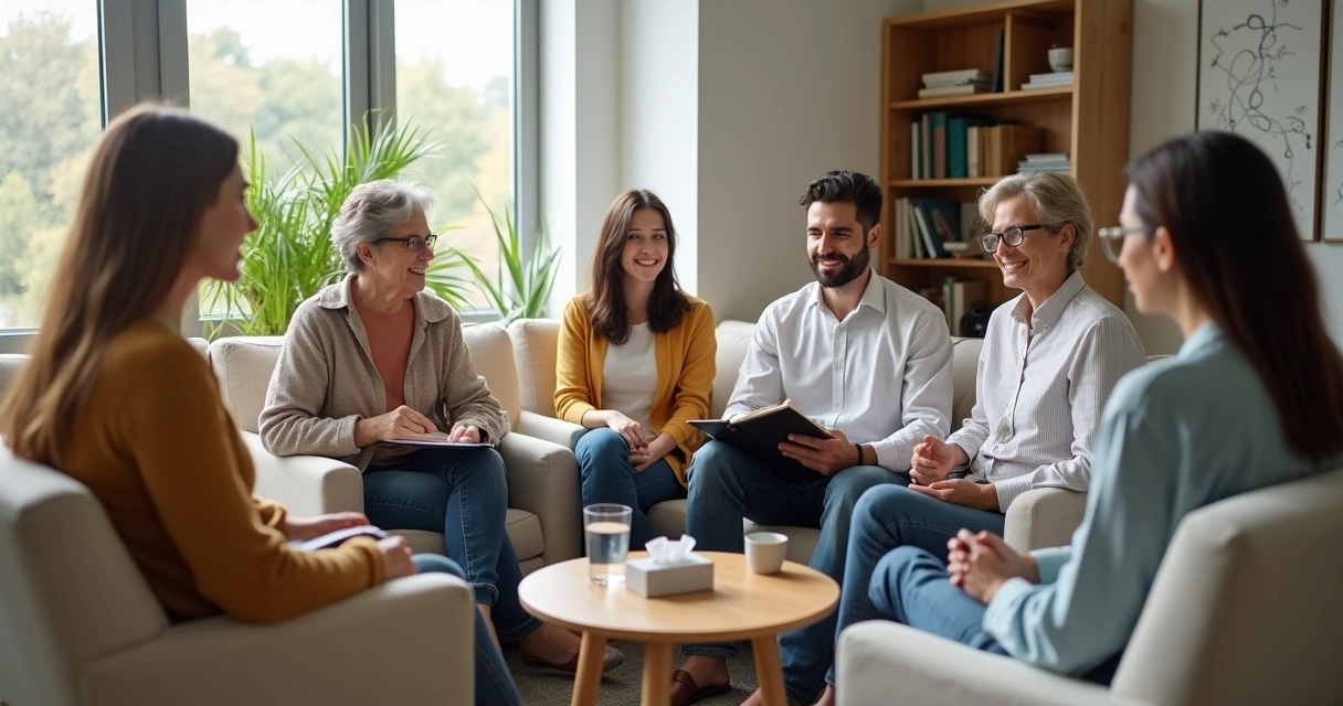 Terapeuta conduz sessão sistêmica com família em círculo em sala acolhedora 