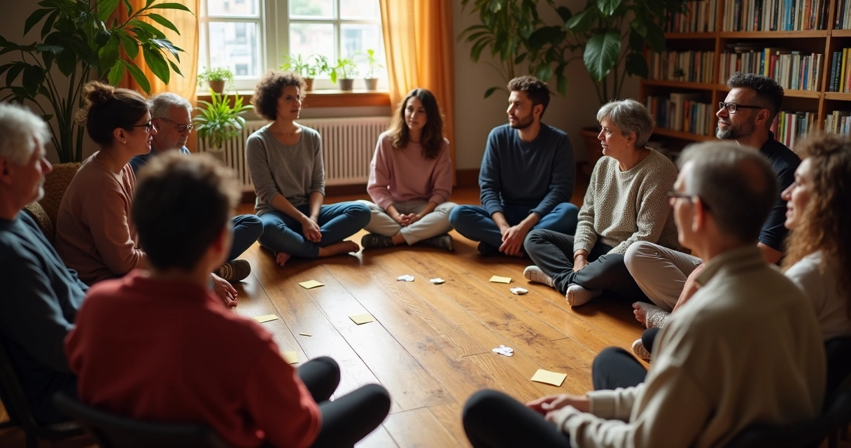 Personas sentadas en círculo durante un taller de constelaciones familiares 