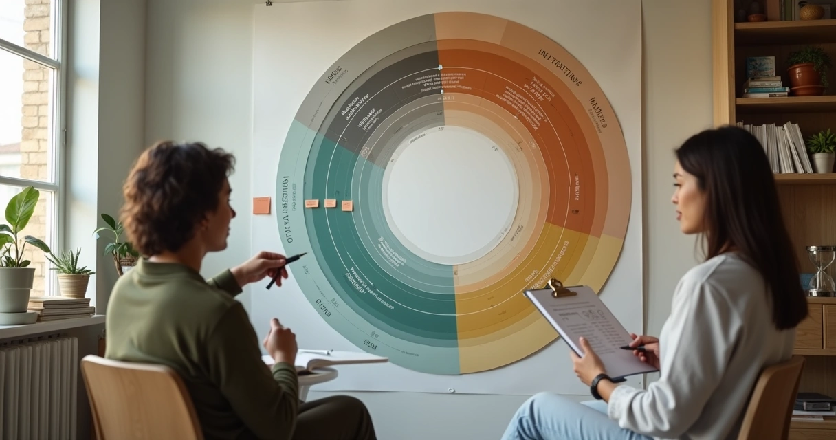 Parede com painel circular colorido de progresso terapêutico em consultório acolhedor 