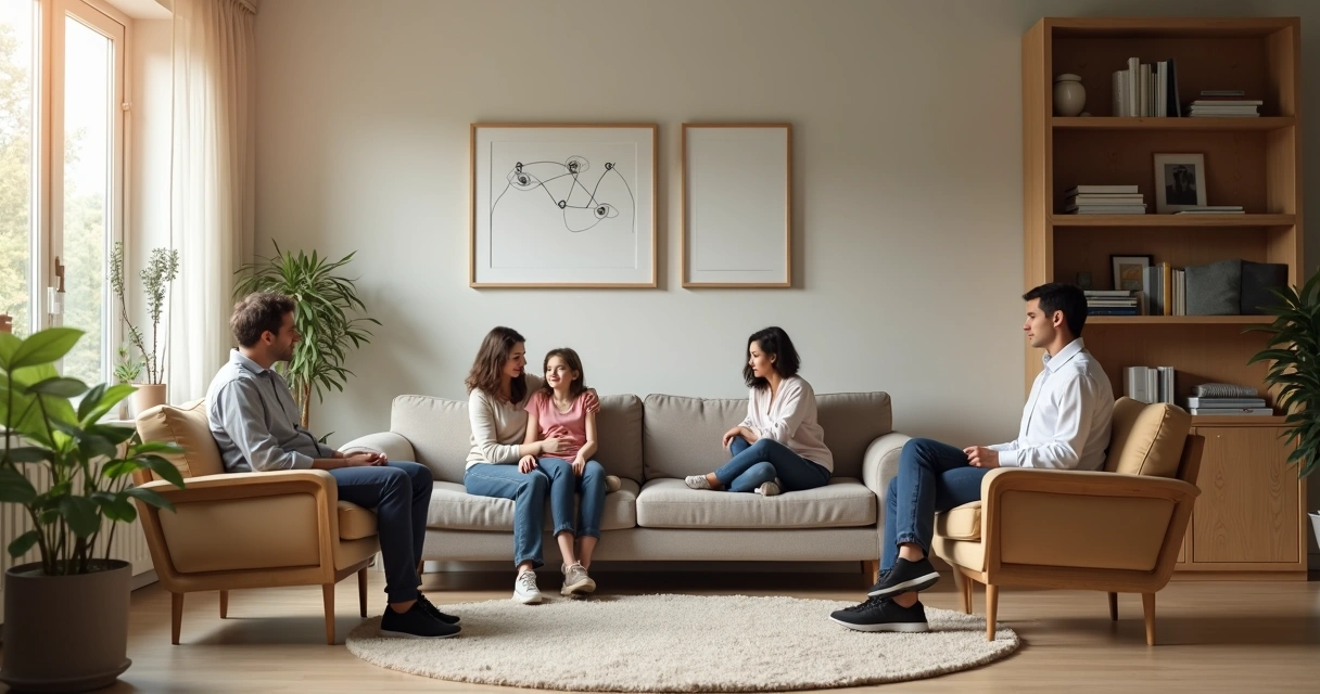 Terapeuta conversando com casal de um lado e paciente sozinho do outro lado 