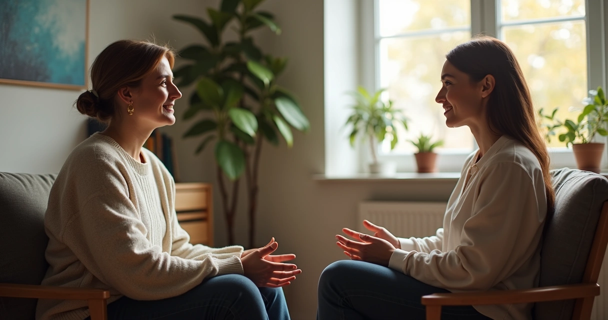 Sessão de psicoterapia, terapeuta e paciente sentados em cadeiras confortáveis, com luz suave 