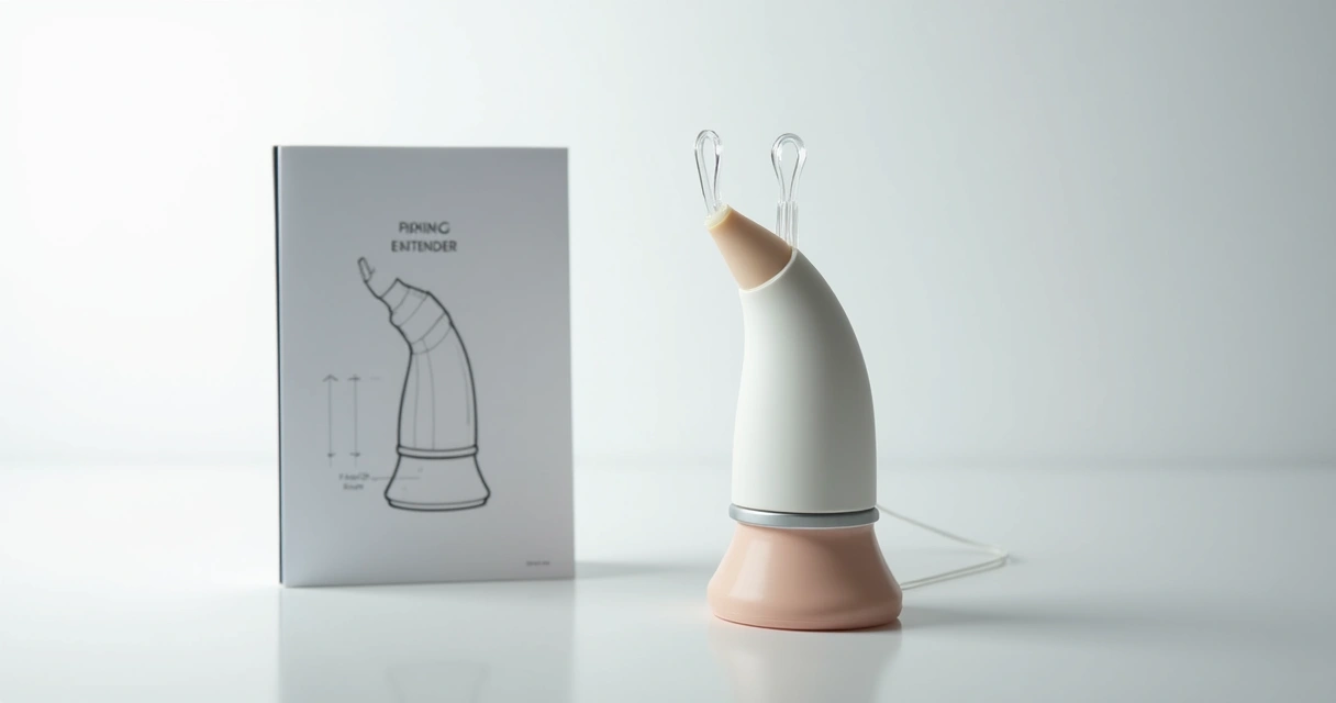 Dispositivo extensor peniano sobre superfície neutra ao lado de manual