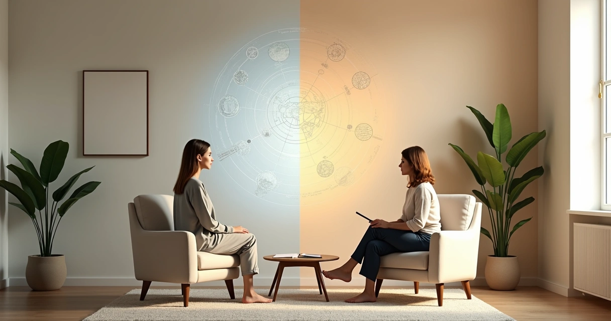 Comparação visual entre terapia tradicional e abordagem integrativa em consultório moderno 