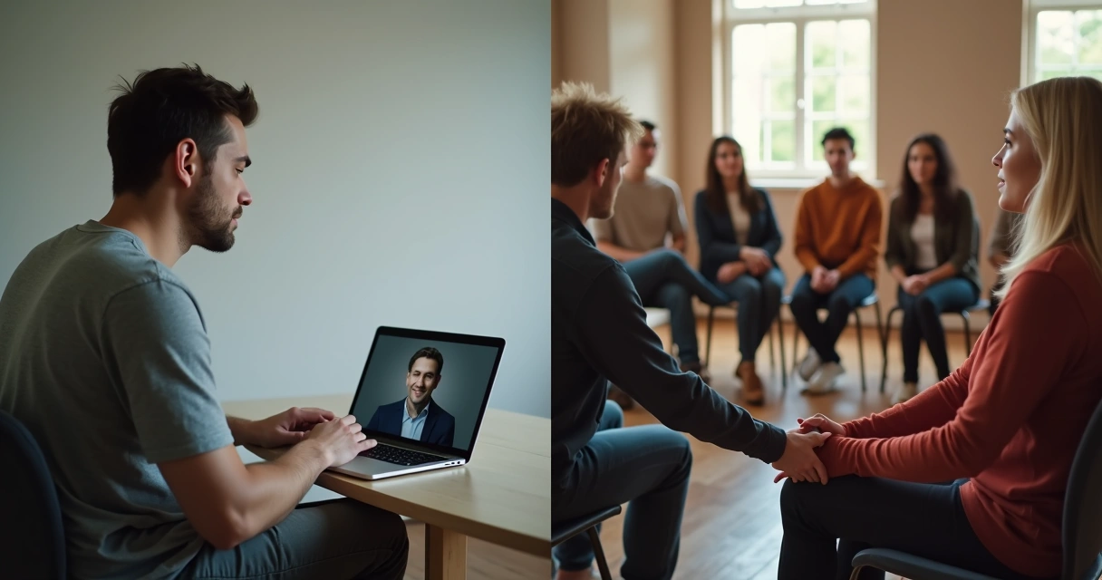 Pessoa dividida entre terapia online e grupo de apoio