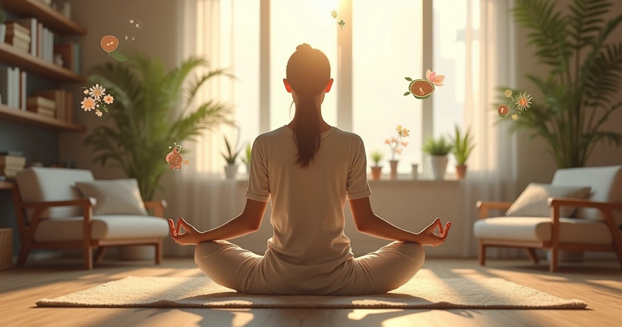 Pessoa meditativa em ambiente tranquilo com elementos naturais e símbolos terapêuticos ao redor 