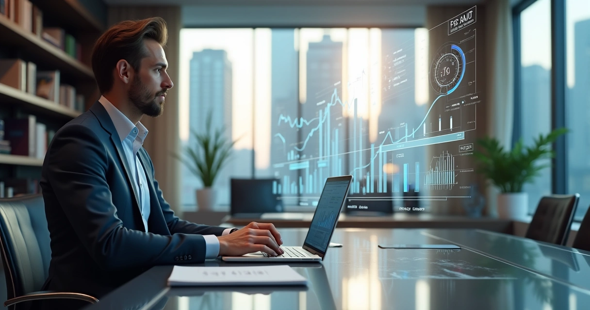 Profissional analisando gráficos financeiros em ambiente de escritório moderno e sofisticado 