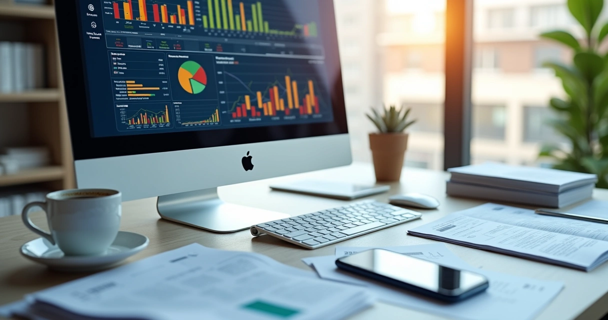 Mesa de escritório com computador mostrando softwares financeiros e documentos organizados ao redor 