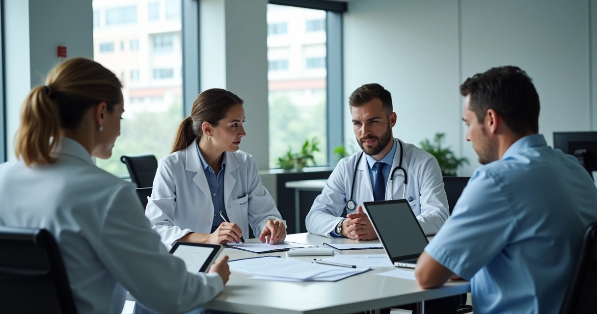 Profissionais de saúde discutindo plano de gestão em ambiente corporativo moderno e iluminado 