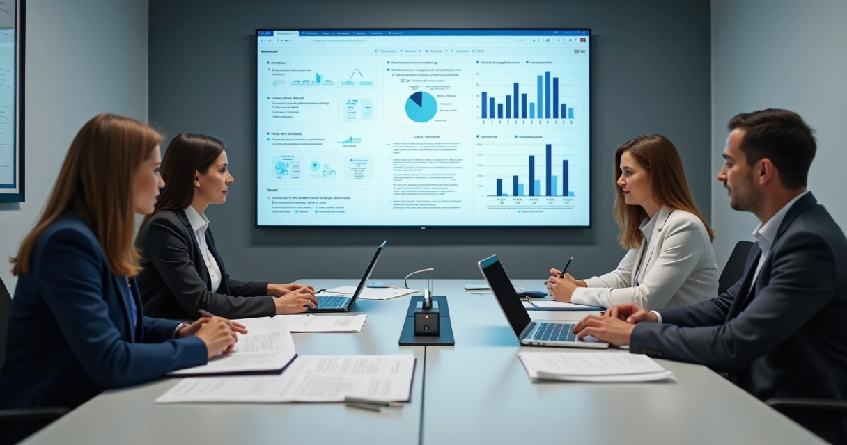 Consultores analisando contrato de TI ao redor de uma mesa com gráficos de auditoria na tela 