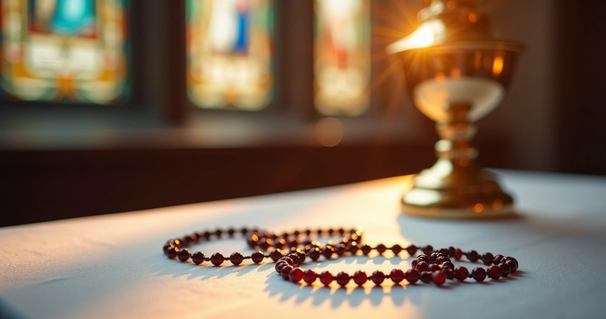 Terço sobre altar ao lado de ostensório iluminado 
