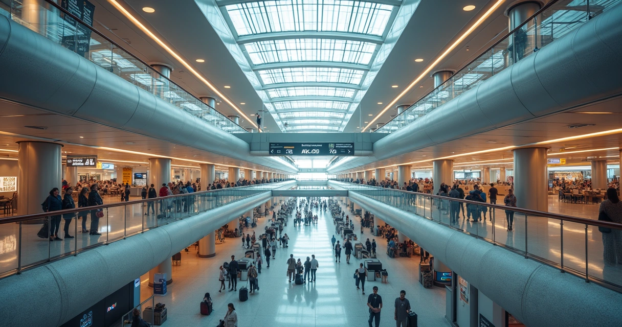 Vista aérea de um terminal de aeroporto com vários andares interligados por rampas e escadas, sinalização e movimentação intensa