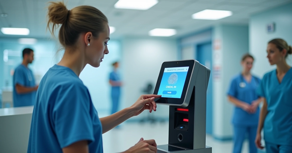 Terminal biométrico em hospital com equipe de enfermagem 