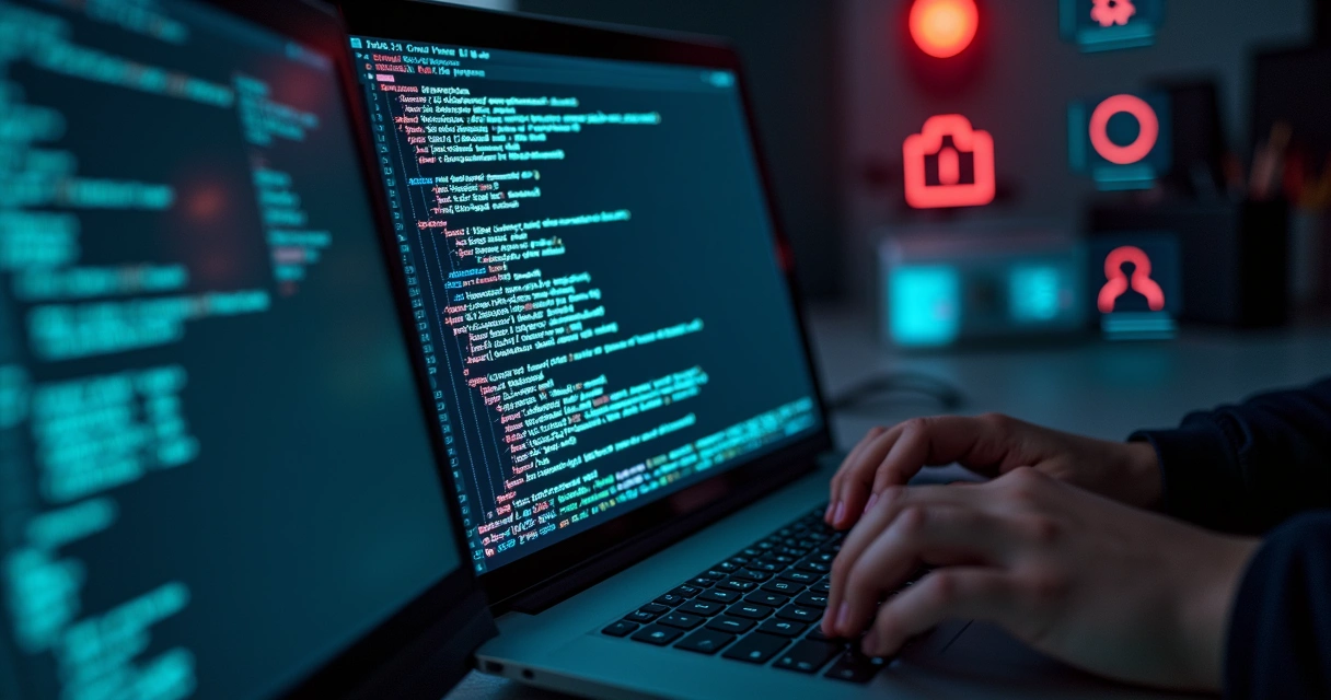 Computador com janela de terminal aberta exibindo comandos ofuscados 
