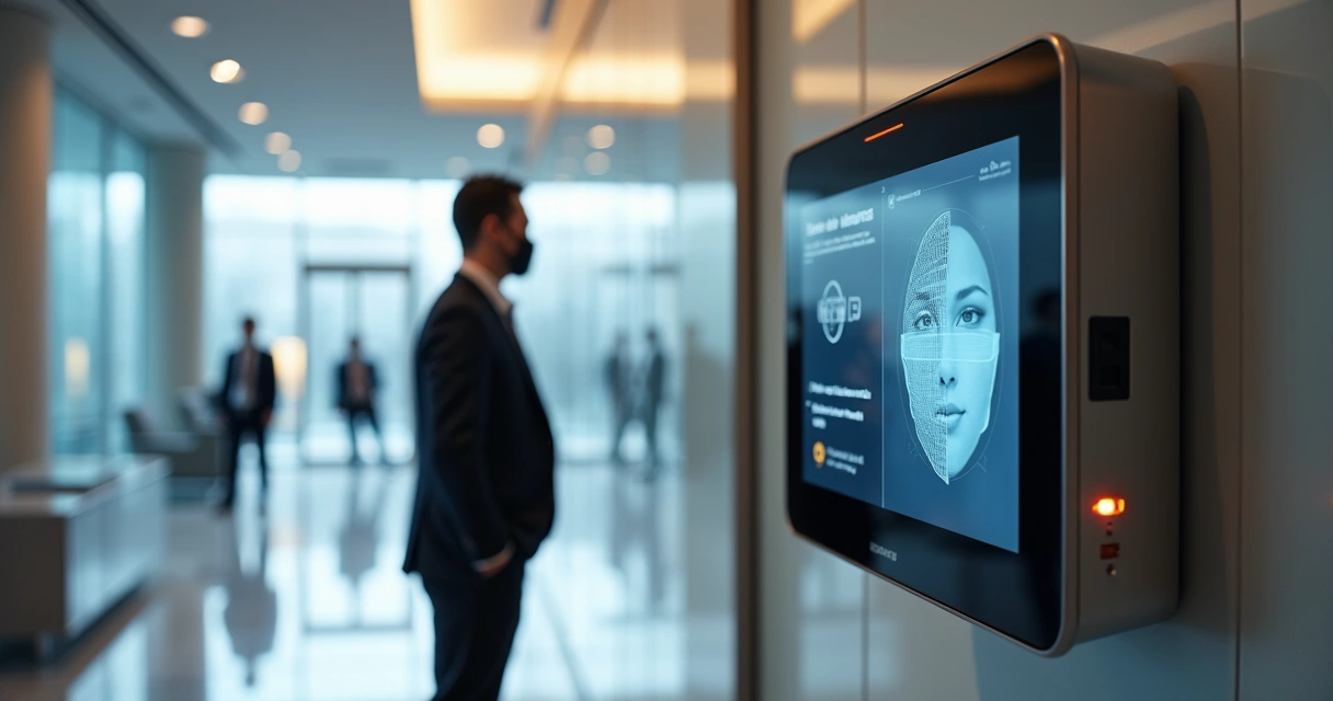 Terminal de reconhecimento facial em hall corporativo moderno 