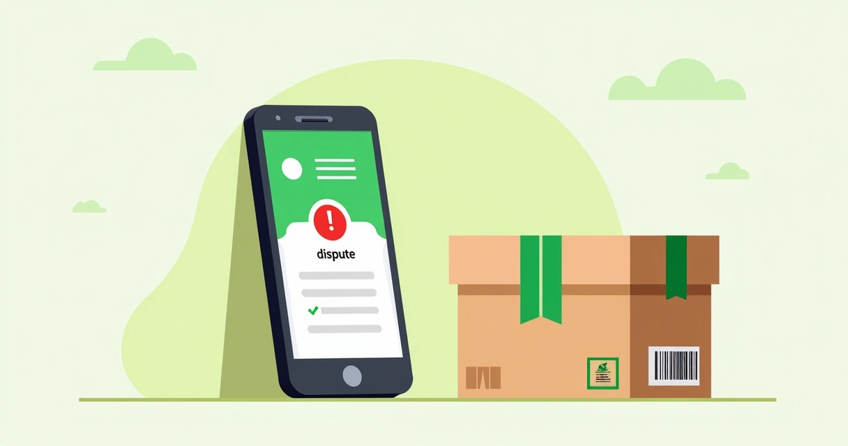 Smartphone mostrando aplicativo de pagamentos com alerta de disputa, ao lado de pacote de encomenda. 