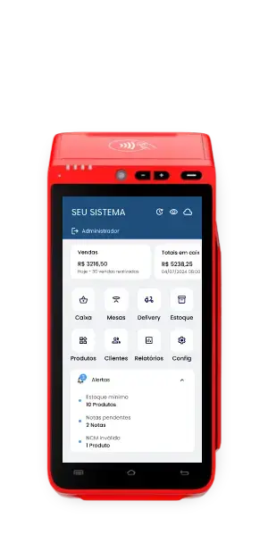 Terminal de ponto de venda vermelho com tela touchscreen mostrando sistema de gestão com vendas, caixa, mesas e estoque
