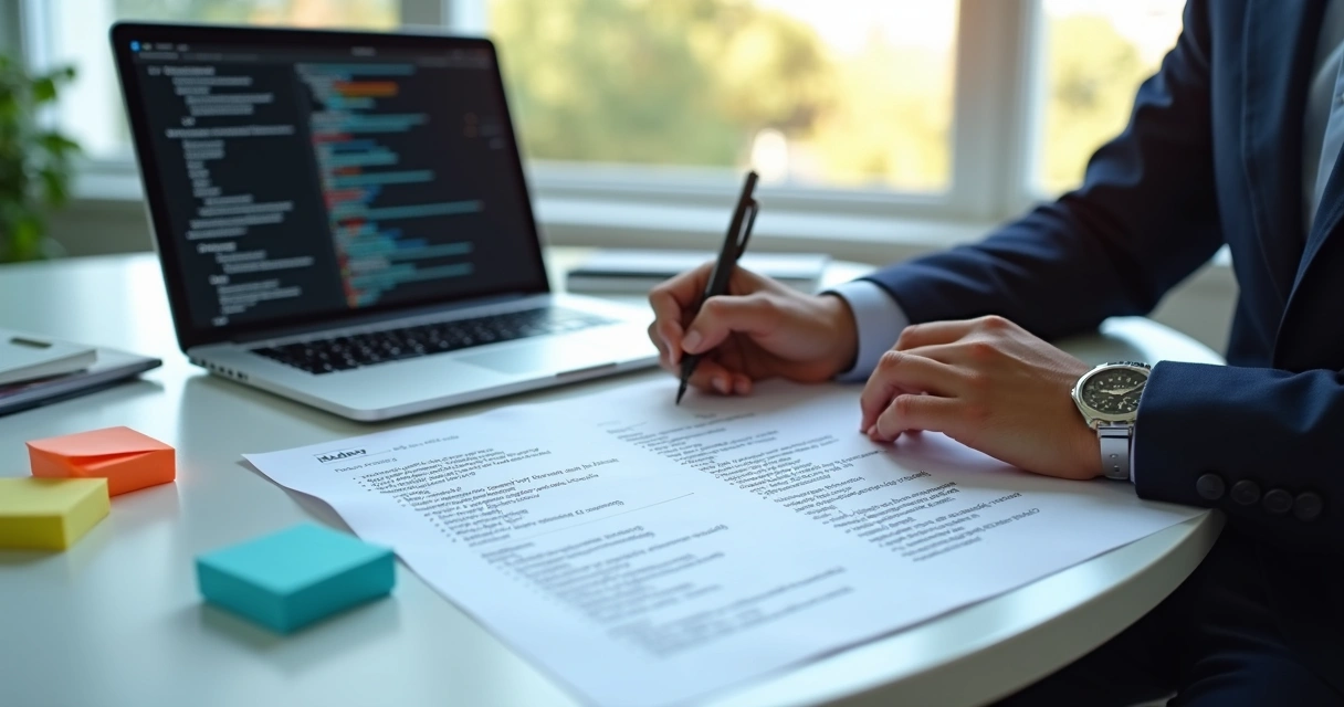 Pessoa analisando lista de termos técnicos com computador e documentos 