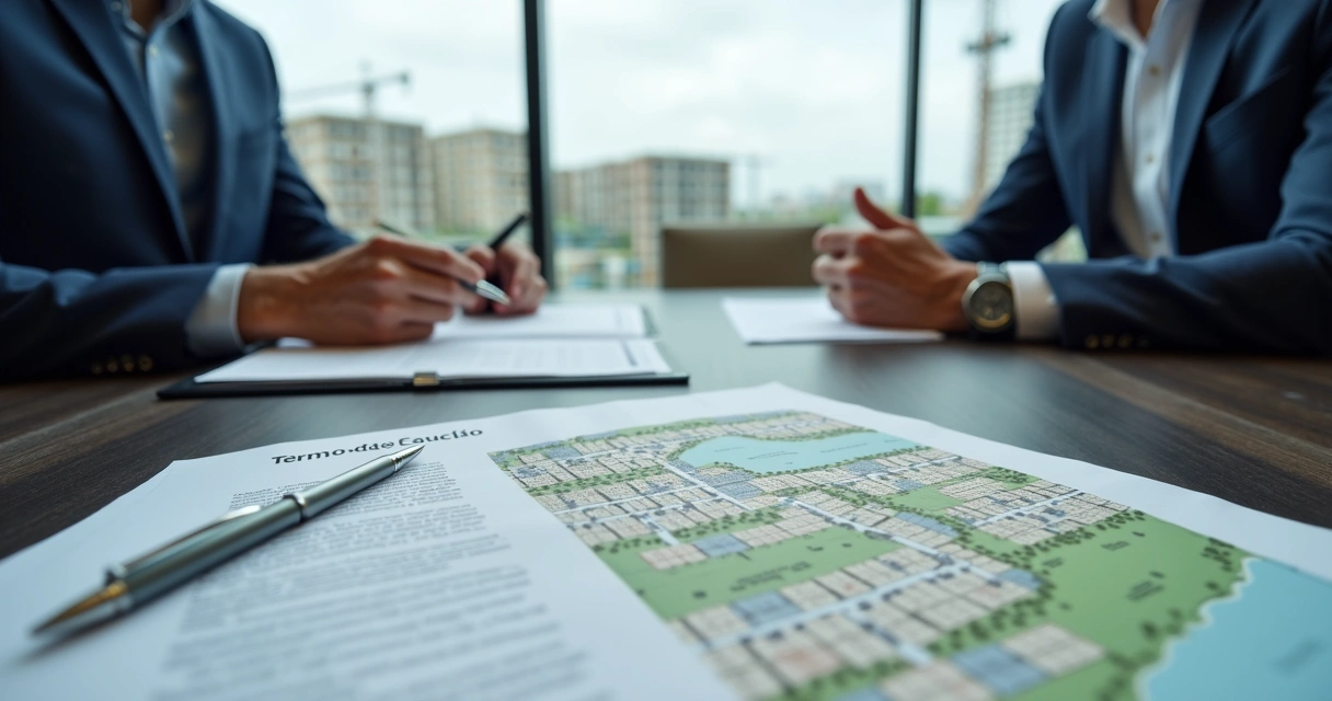 Advogado e empreendedor analisando termo de caução sobre planta de loteamento urbano 