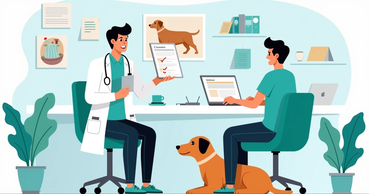 Veterinário explicando termo de consentimento de anestesia para tutora com tablet e cachorro na clínica 