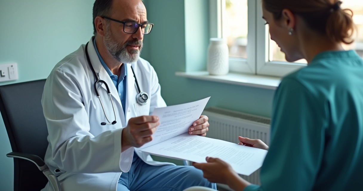 Médico entregando termo de consentimento para paciente assinar na clínica