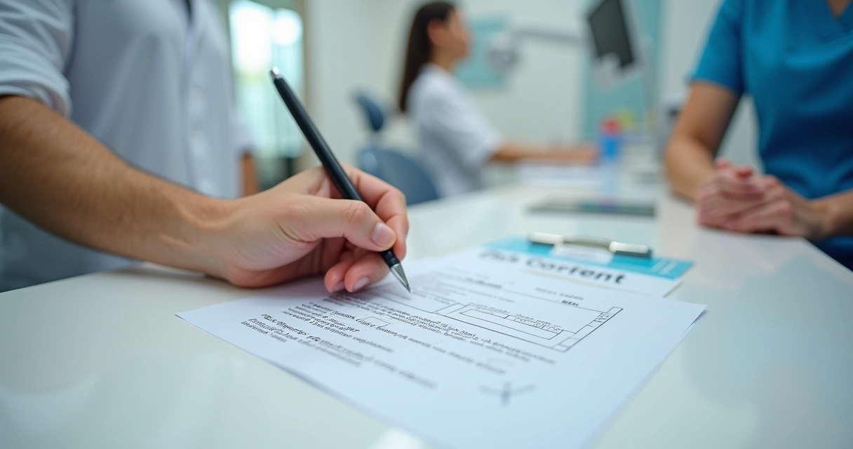 Termo de consentimento para dados sendo assinado por paciente em clínica dentária