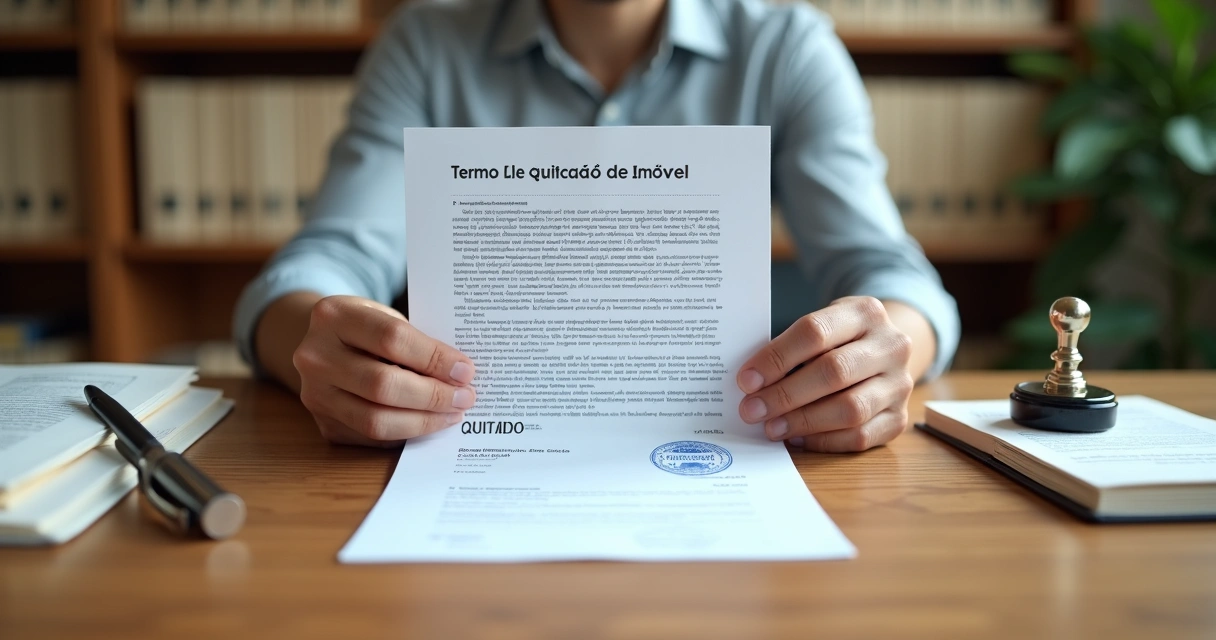 Mãos segurando termo de quitação de imóvel carimbado em balcão de cartório 