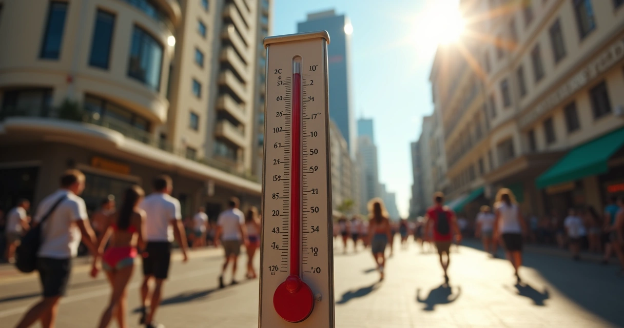 Termômetro digital de rua mostra temperatura alta em cidade.
