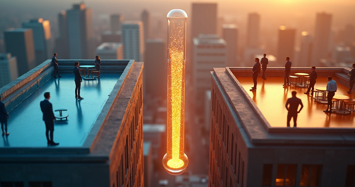 Termômetro humano formado por silhuetas de pessoas em duas empresas que se unem 