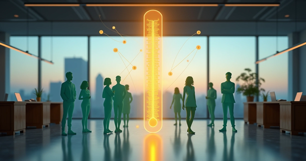 Termômetro luminoso de clima organizacional cercado por silhuetas humanas em escritório moderno 