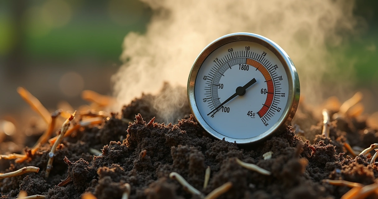 Termômetro de compostagem marcando 60–65 °C no monte 