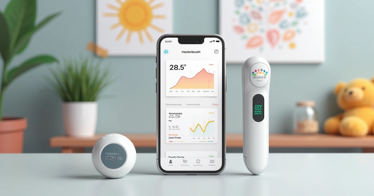 Termômetro digital moderno ao lado de um smartphone mostrando gráficos de temperatura 