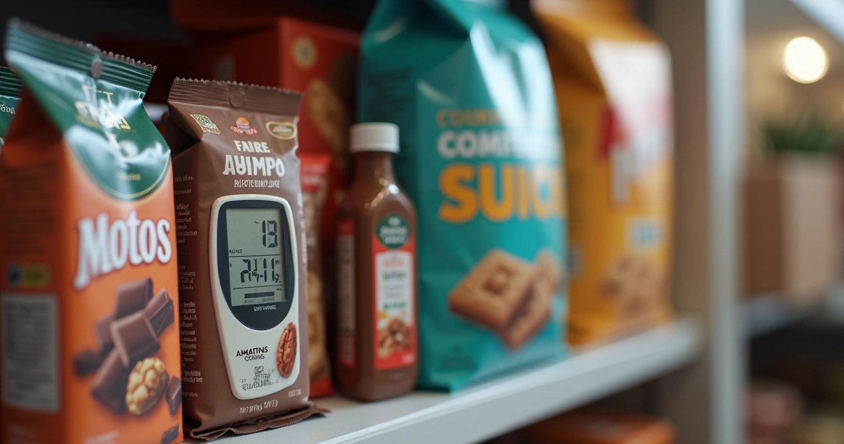 Termômetro digital perto de snacks embalados 