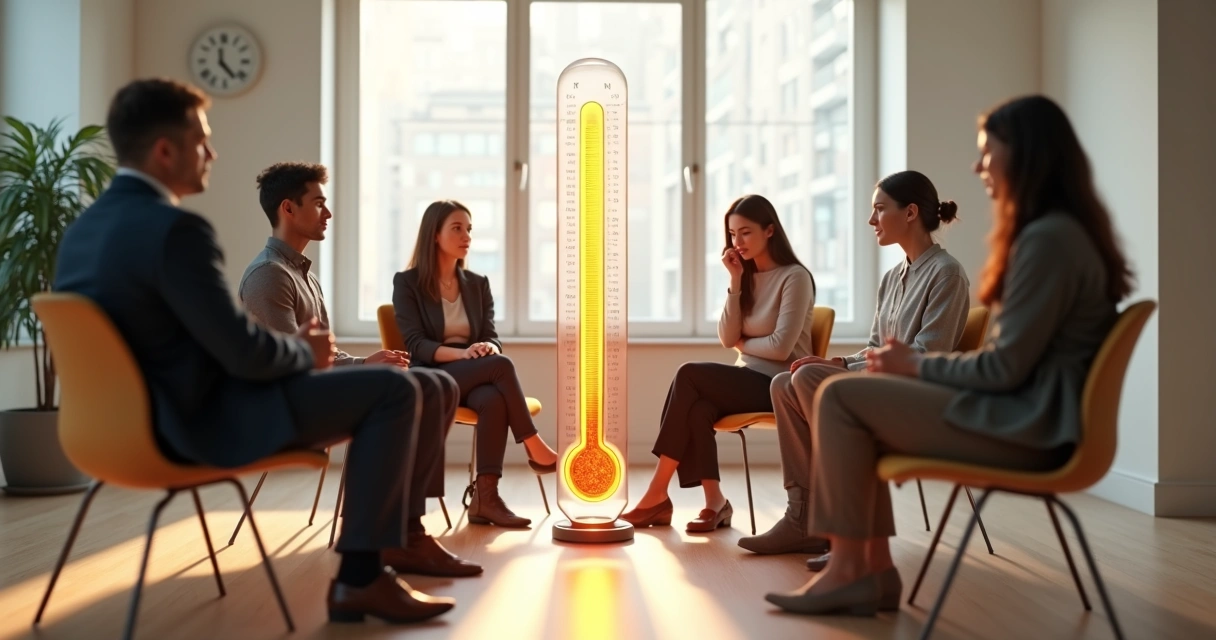 Termômetro emocional gigante no centro de uma equipe em roda 