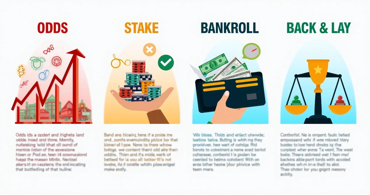 Ilustração educativa mostrando termos básicos de apostas: Odds, Stake, Bankroll e Back & Lay com representações visuais.