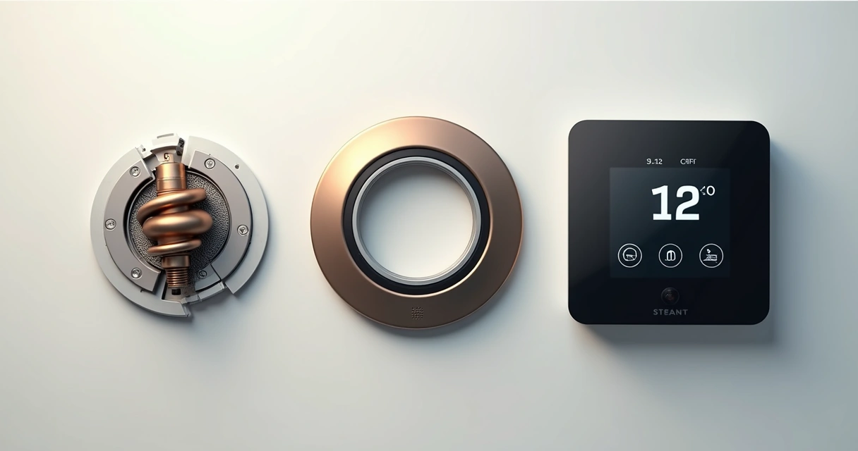 Comparação visual dos tipos de termostato: bimetálico, digital e mecânico 