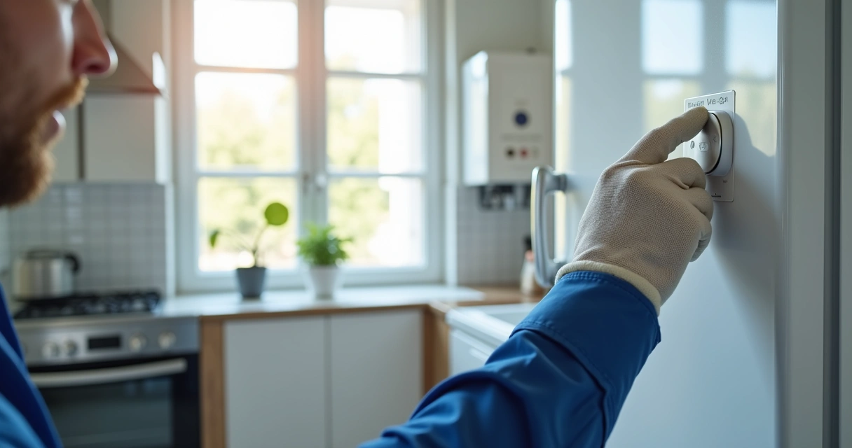 Técnico ajustando termostato de geladeira em cozinha moderna 