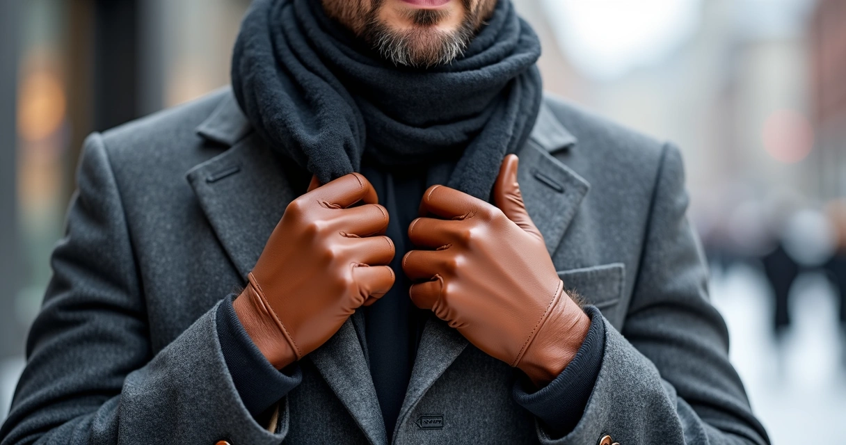 Detalhes de cachecol e luvas com terno masculino