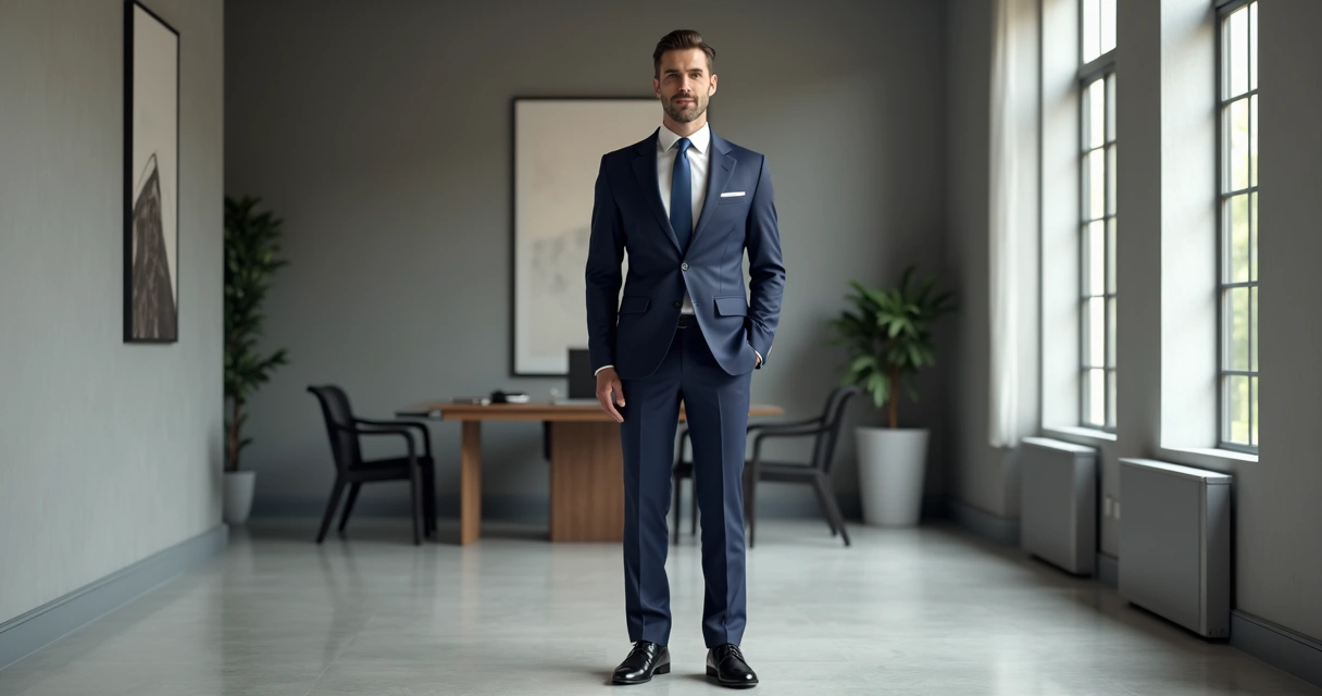 Homem usando terno cl&aacute;ssico azul-marinho com sapato social preto 