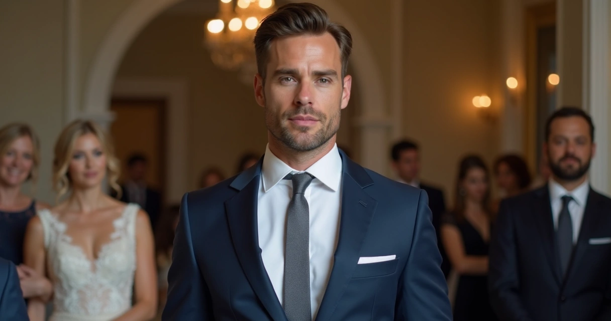 Homem vestindo terno azul profundo, com camisa branca e gravata fina cinza, em ambiente elegante