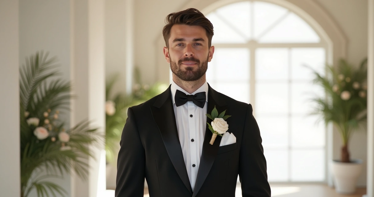 Terno slim fit ajustado com lapela fina e gravata borboleta