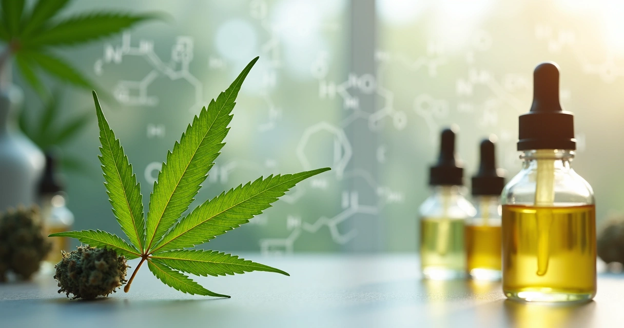 Folha de cannabis ao lado de frascos transparentes representando terpenos aromáticos 