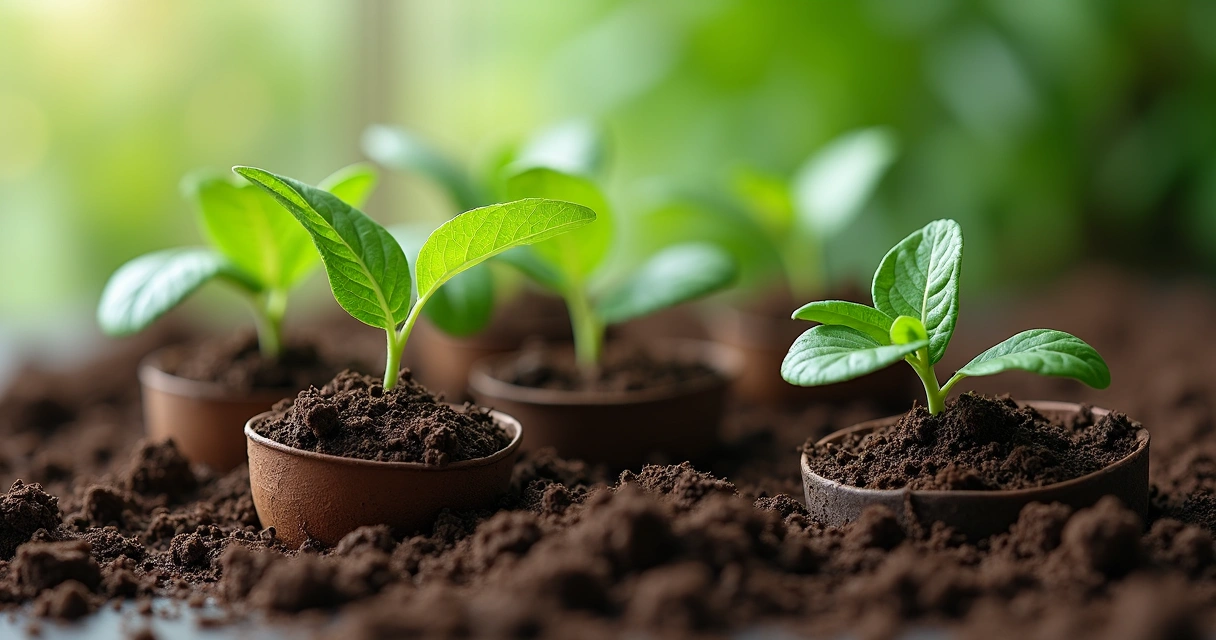 Composto escuro e rico pronto para uso, ao lado de mudas de plantas 