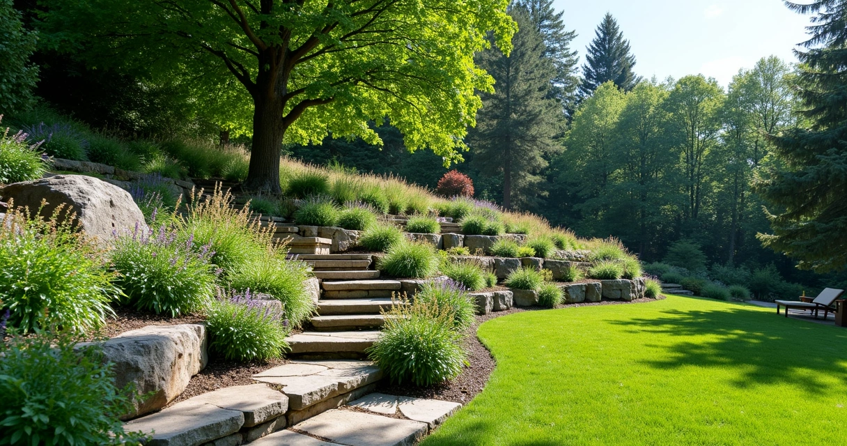 Terraced backyard with stone retaining walls, lush vegetation, and a winding path 