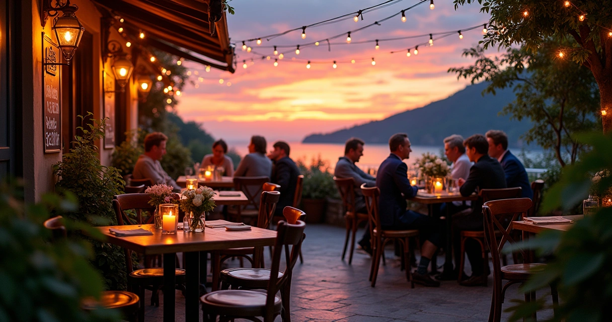 Terraço de bar e restaurante ao pôr do sol, com mesas decoradas e ambiente acolhedor.