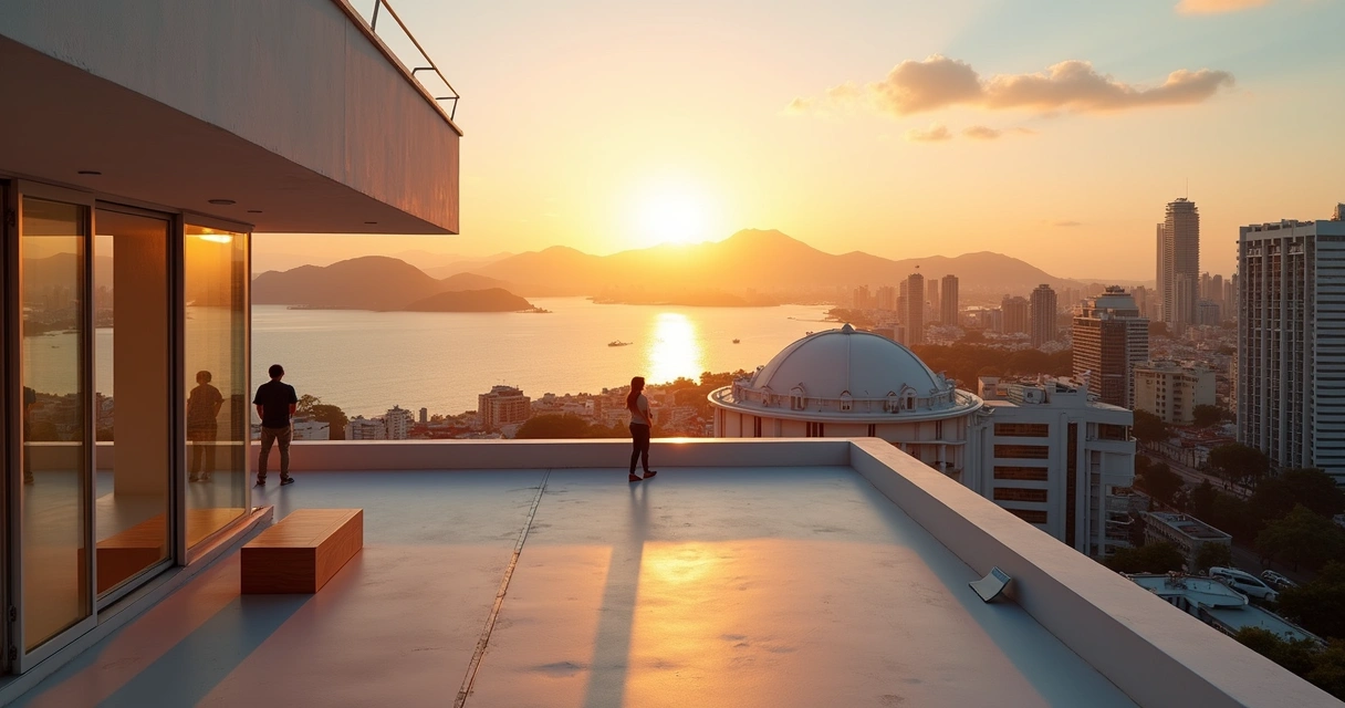 Vista do terraço do MAR mostrando Museu do Amanhã ao pôr do sol e baía ao fundo