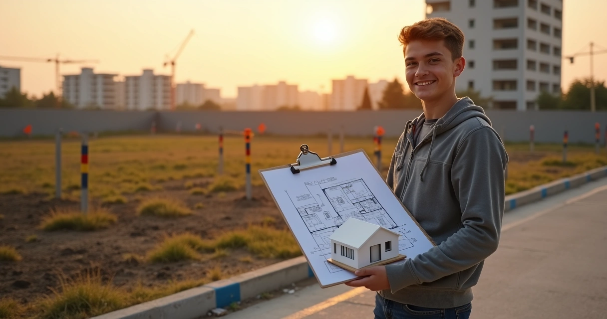 Pessoa avaliando terreno vazio com maquete de casa apoiada em prancheta 