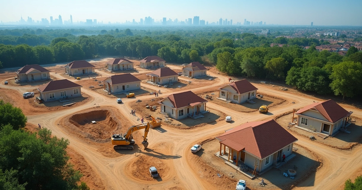 Visão aérea de um terreno com casas isoladas sendo construídas 