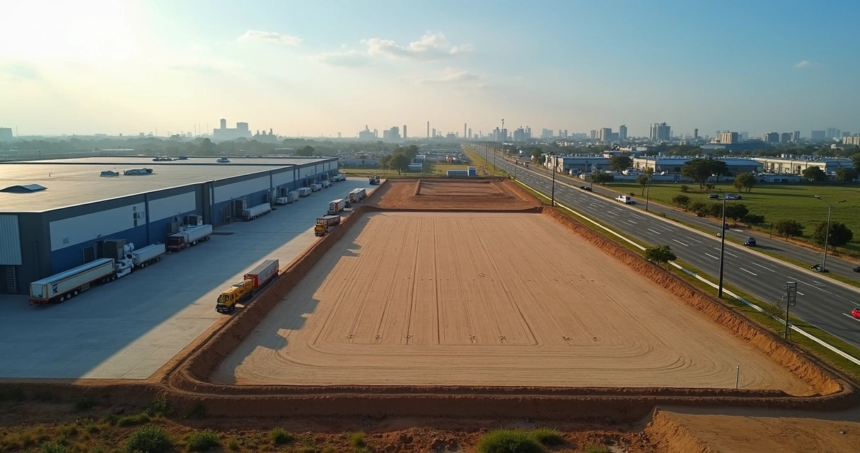 Vista aérea de terreno industrial em Paulínia com galpões e área para expansão 