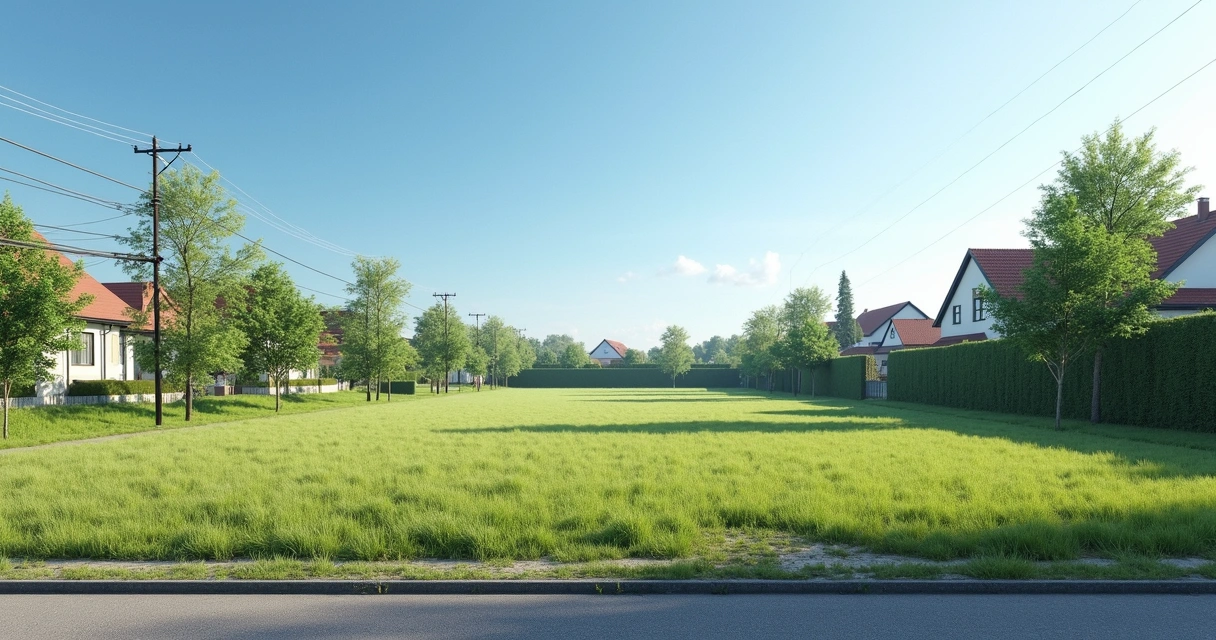 Terreno plano com árvores pequenas e rua asfaltada ao lado 