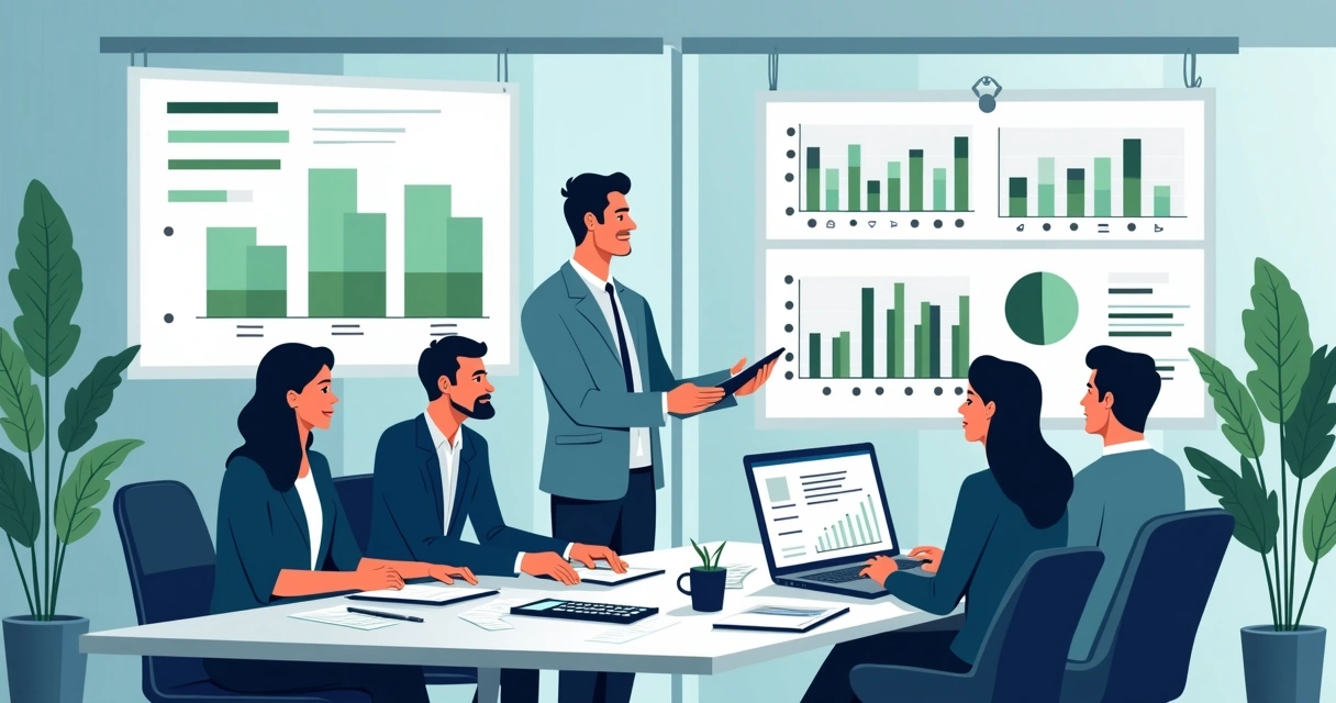 Ilustração corporativa mostrando uma equipe analisando gráficos financeiros e métricas em telas ao fundo, com elementos de dados, calculadoras e documentos sobre mesa 